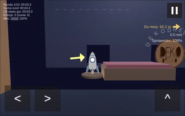 Rozgrywka w grze Deko Rocket: drewniana rakieta leci między przeszkodami