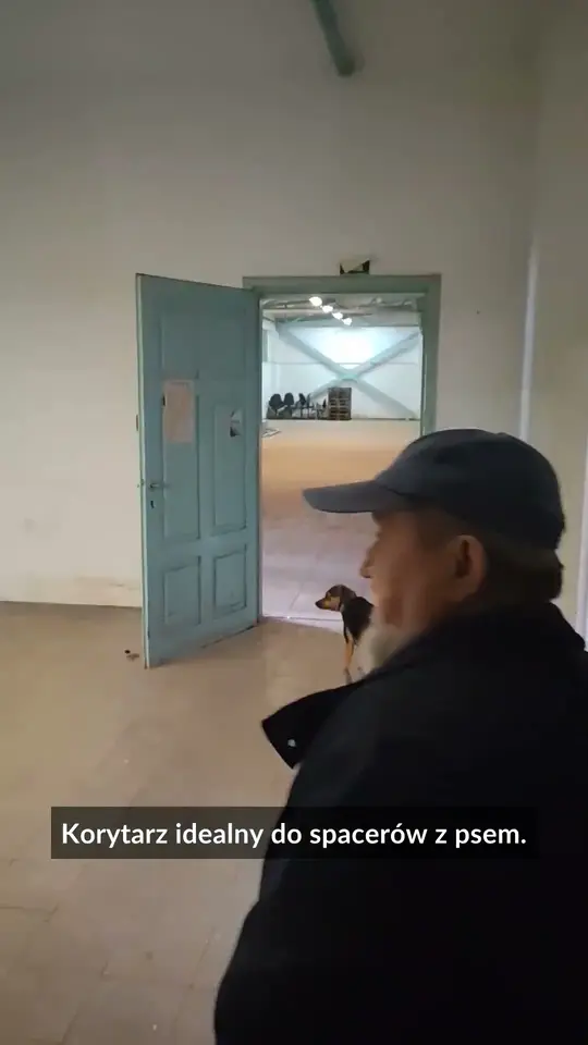 Kadr ze spaceru z psem po hali Grampol: korytarz idealny do spacerów z psem
