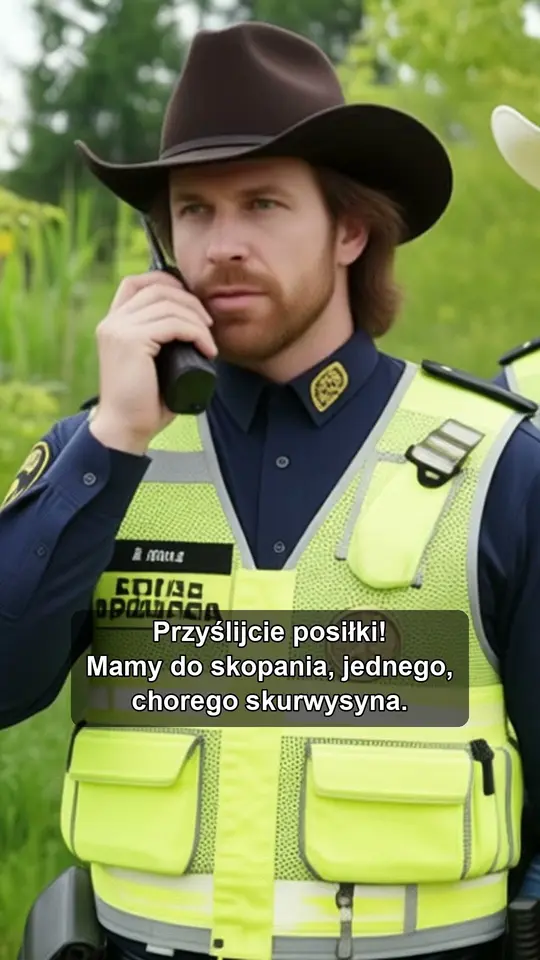 Kadr z satyry Texas Rangers w Straży Miejskiej: kowboj w odblaskowej kamizelce